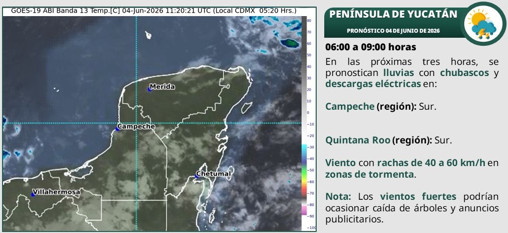 Cielo medio nublado a nublado a lo largo del día con lluvias puntuales fuertes en Campeche y chubascos en Yucatán y Quintana Roo.
