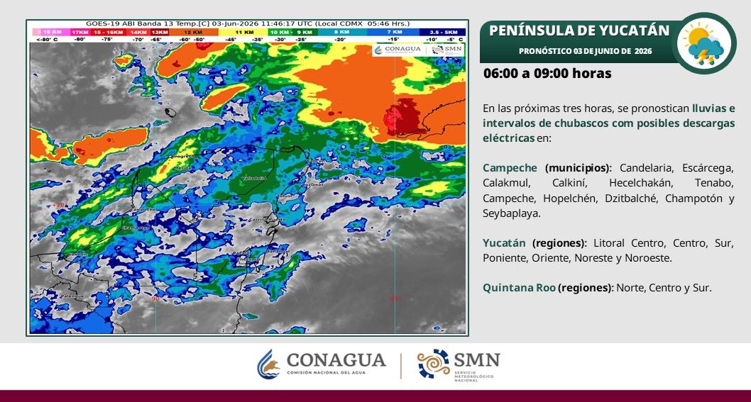 Clima para hoy: Se prevén intervalos de chubascos con descargas eléctricas en Quintana Roo; lluvias fuertes en Campeche y Yucatán.