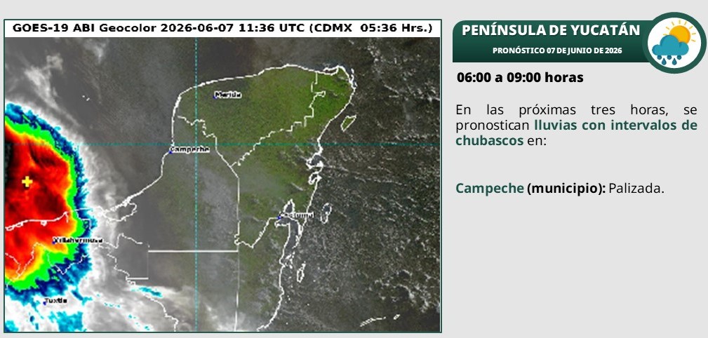 Pronóstico del clima para hoy. Durante la tarde, ambiente caluroso, con lluvias e intervalos de chubascos en Campeche, Yucatán y Quintana Roo.