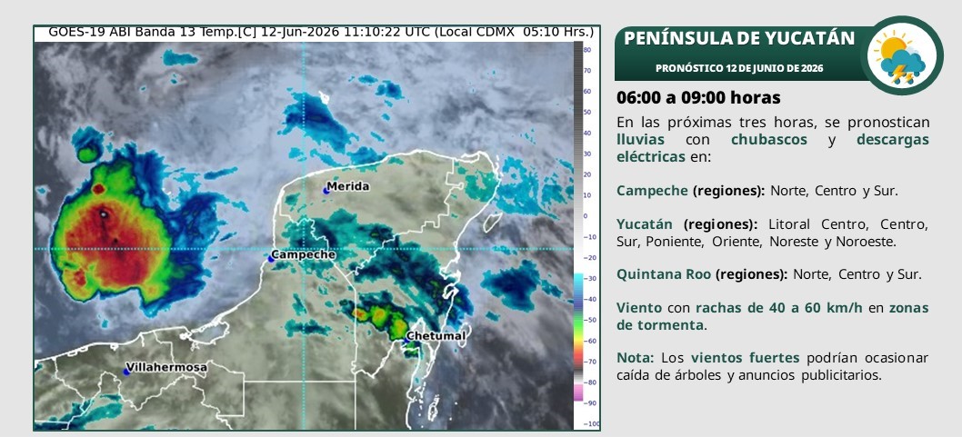 En el transcurso del día, cielo nublado con lluvias puntuales intensas en Campeche (oeste y suroeste), Yucatán (oeste) y Quintana Roo (sur).
