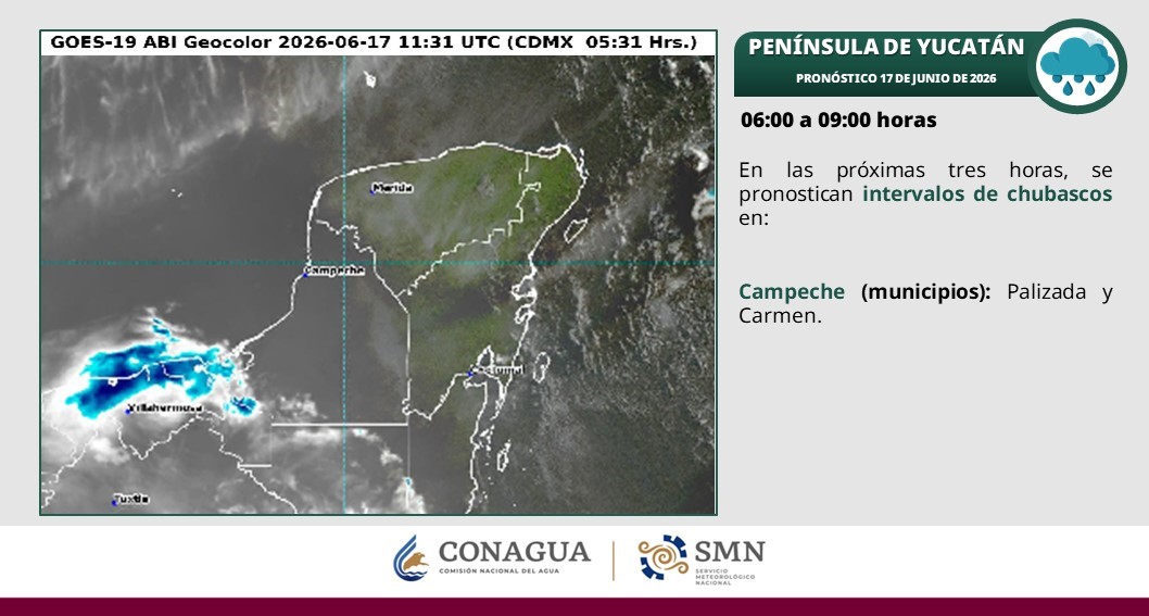 Se prevén lluvias con intervalos de chubascos en Yucatán y Quintana Roo. Todas las lluvias acompañadas con descargas eléctricas.
