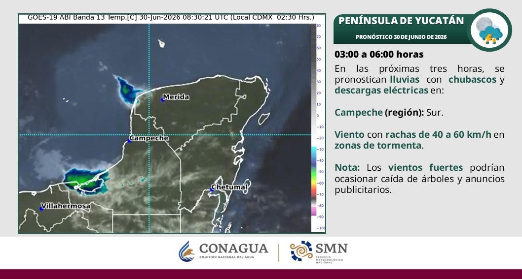 Cielo medio nublado a nublado en el transcurso del día con lluvias puntuales fuertes y posibles descargas eléctricas en Campeche (norte y suroeste), Yucatán (centro y oeste) y Quintana Roo (sur).
