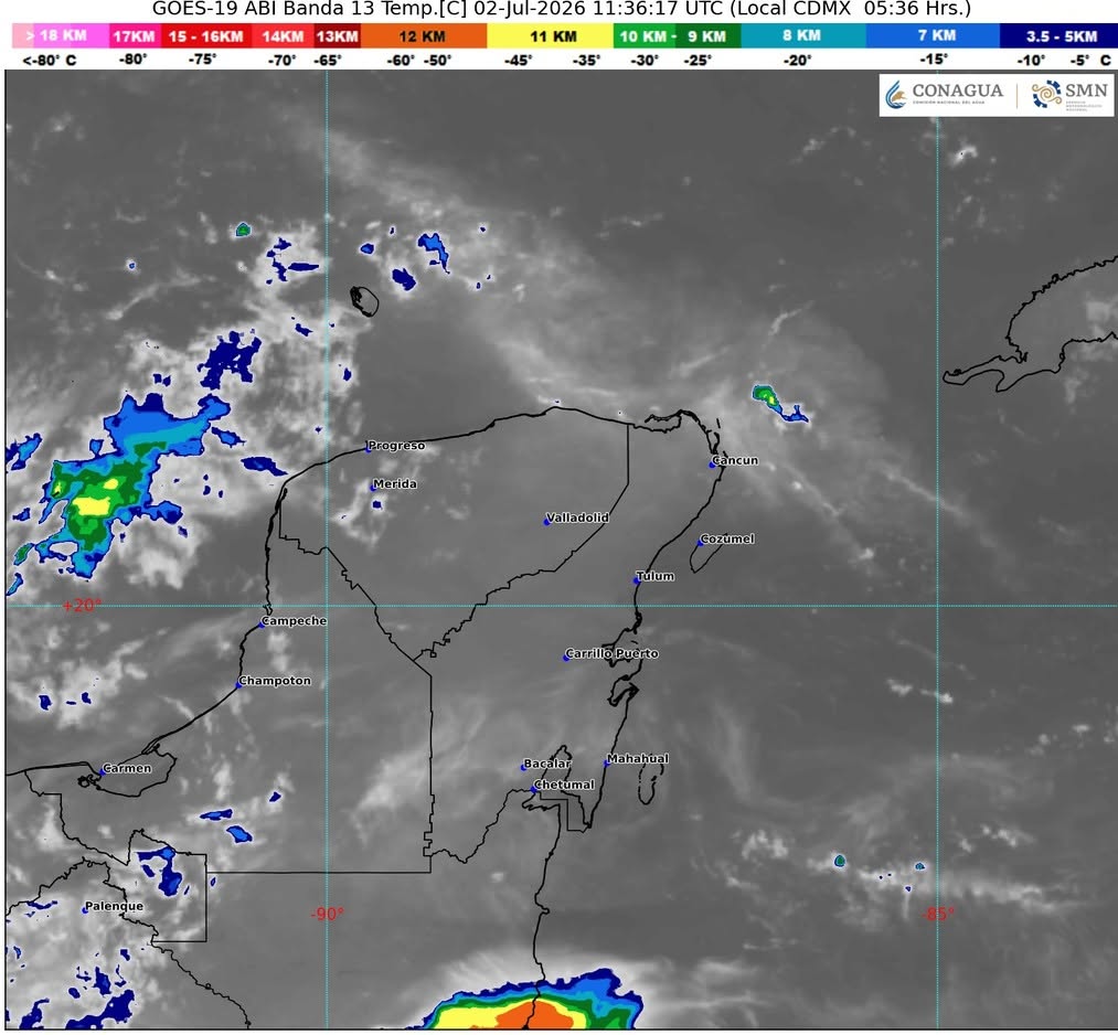 Cielo medio nublado a nublado en el transcurso del día, con lluvias e intervalos de chubascos en Campeche, Yucatán y Quintana Roo.