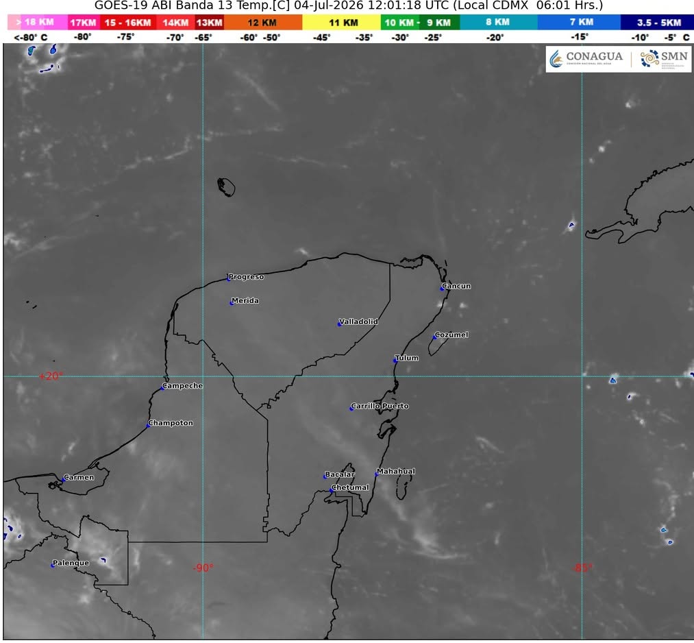 Cielo medio nublado a nublado en el transcurso del día, con lluvias puntuales muy fuertes en Yucatán (centro y este) y Quintana Roo (norte) y lluvias fuertes en Campeche (norte y este).