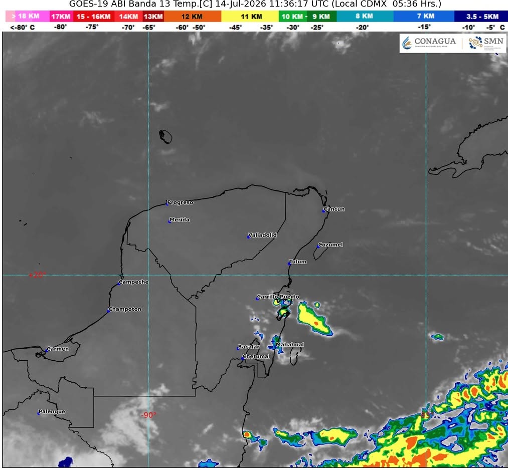 Por la mañana, ambiente cálido y durante la tarde, ambiente cálido a caluroso con intervalos de chubascos en Campeche, Yucatán y Quintana Roo.