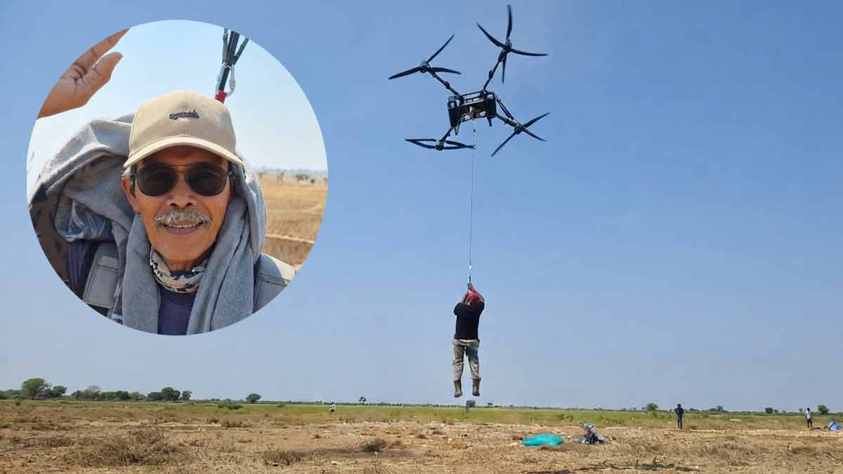 Agricultor usa enorme dron para viajar colgado entre sus cultivos