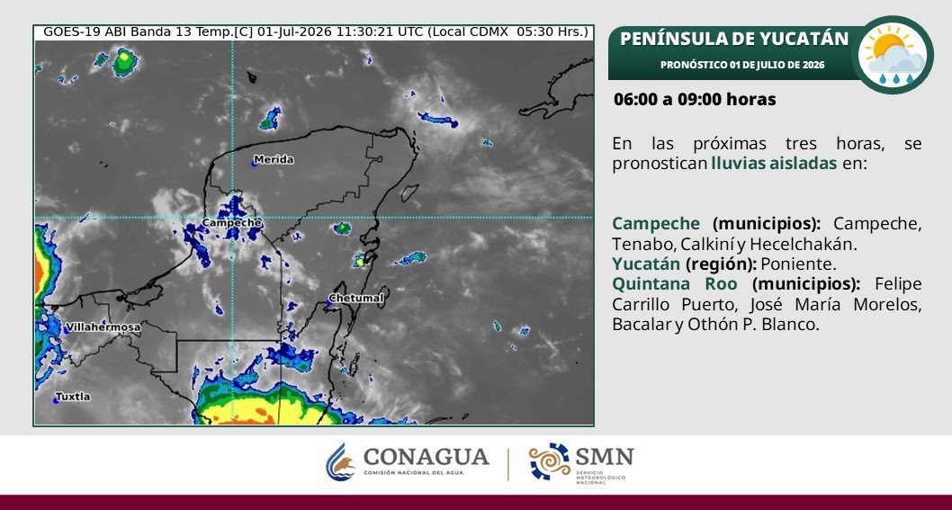 Posibilidad de lluvias aisladas matutinas. Durante la tarde, ambiente caluroso. Lluvias puntuales fuertes y posibles descargas eléctricas en Campeche (norte y suroeste), Yucatán (centro, sur y suroeste) y Quintana Roo (oeste).