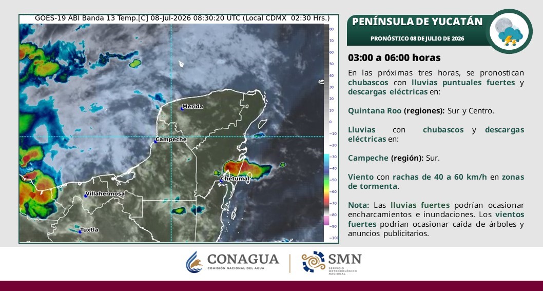 Chubascos con posibles descargas eléctricas en Quintana Roo; por la mañana, ambiente templado; durante la tarde ambiente caluroso.