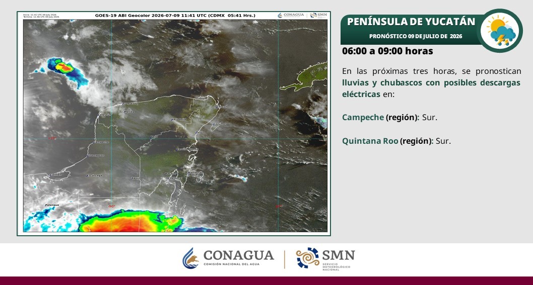 Cielo medio nublado a nublado. Por la mañana, ambiente cálido. Durante la tarde, ambiente caluroso. Lluvias con intervalos de chubascos y posibles descargas eléctricas en Campeche, Yucatán y Quintana Roo.