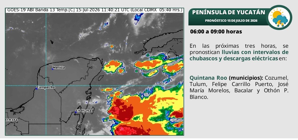 En el transcurso del día, cielo medio nublado a nublado. Posibilidad de lluvias aisladas y chubascos matutinos en el oriente de la península. Por la mañana, ambiente cálido. Durante la tarde, ambiente cálido a caluroso; lluvias puntuales fuertes en Campeche (sureste) y Quintana Roo (sur).