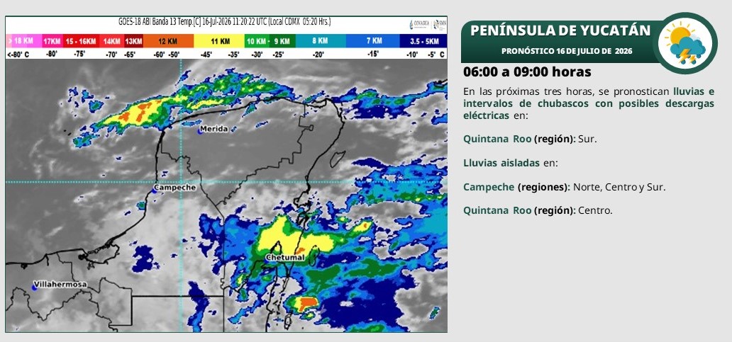 Cielo medio nublado a nublado en el transcurso del día, con intervalos de chubascos en Campeche, Yucatán y Quintana Roo, acompañadas con descargas eléctricas.