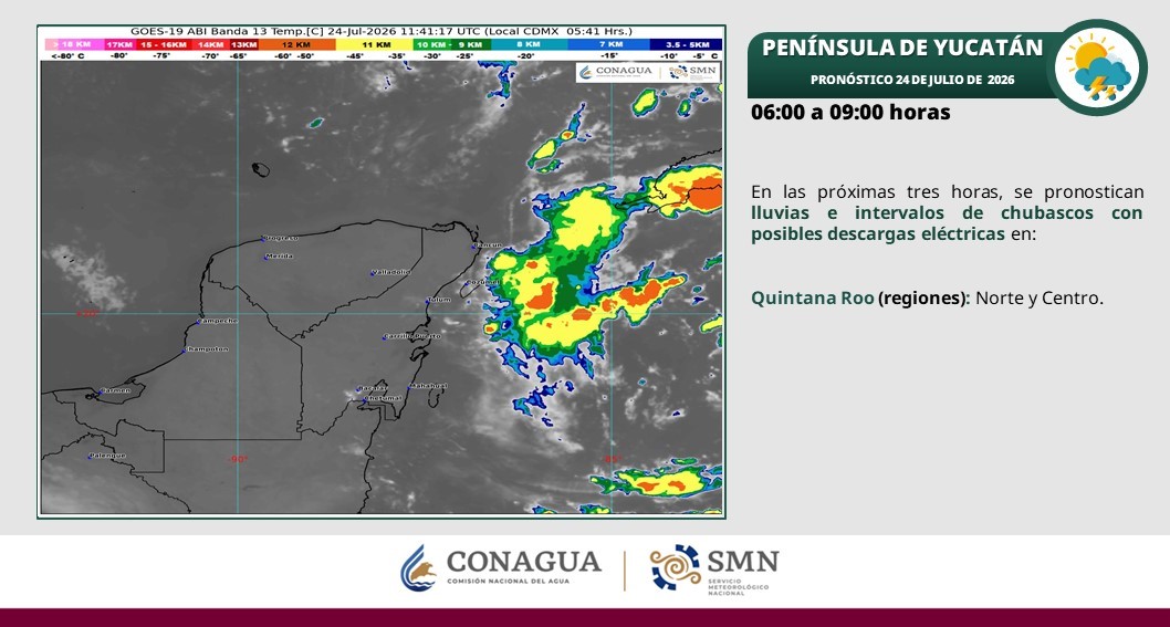 Cielo medio nublado a nublado, con lluvias puntuales fuertes en Campeche (norte y este), Yucatán (norte, oeste y sur) y Quintana Roo (norte y oeste).