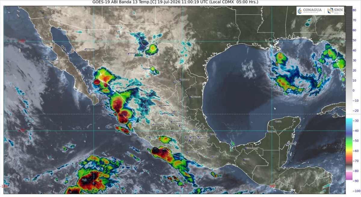 Durante la tarde, ambiente cálido a caluroso. Lluvias con intervalos de chubascos acompañados de descargas eléctricas en Campeche, Yucatán y Quintana Roo.