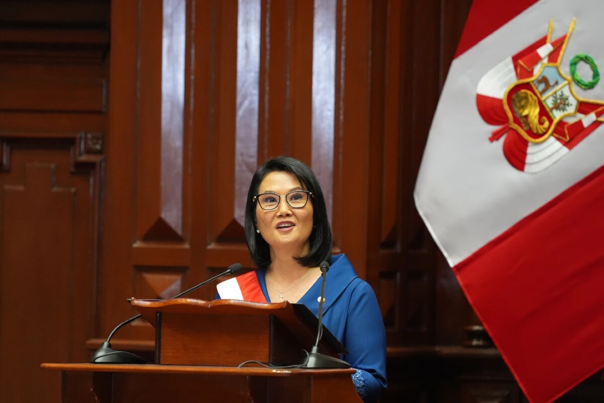 La presidenta Keiko Fujimori pronuncia un discurso tras prestar juramento en el Congreso de Lima, Perú, el martes 28 de julio de 2026. 