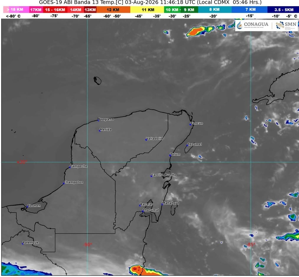 Por la mañana, cielo despejado a medio nublado y ambiente cálido. Durante la tarde, ambiente caluroso a muy caluroso, cielo medio nublado a nublado, con lluvias e intervalos de chubascos acompañados con descargas eléctricas en Campeche, Yucatán y Quintana Roo.