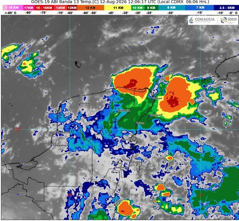 Lluvias puntuales intensas en Campeche (costa y suroeste) y Yucatán (norte y noroeste), así como lluvias puntuales muy fuertes en y Quintana Roo (sur).