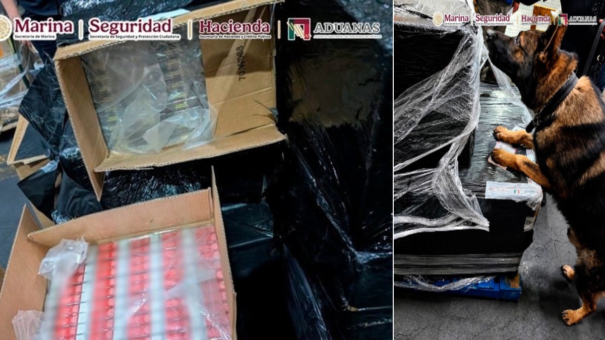 Aseguran 5.8 millones de cigarros apócrifos en la Aduana del Aeropuerto de la Ciudad de México.