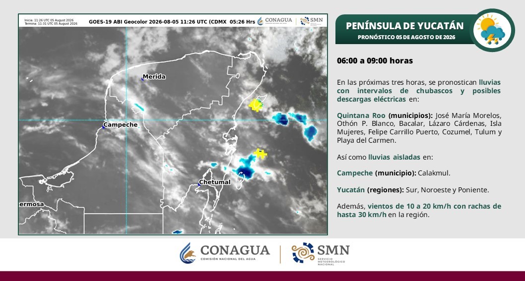 Por la mañana, cielo despejado a medio nublado con ambiente cálido. Durante la tarde, ambiente caluroso a muy caluroso, cielo medio nublado a nublado con lluvias fuertes en Campeche (norte) y Yucatán (oeste, centro y este)