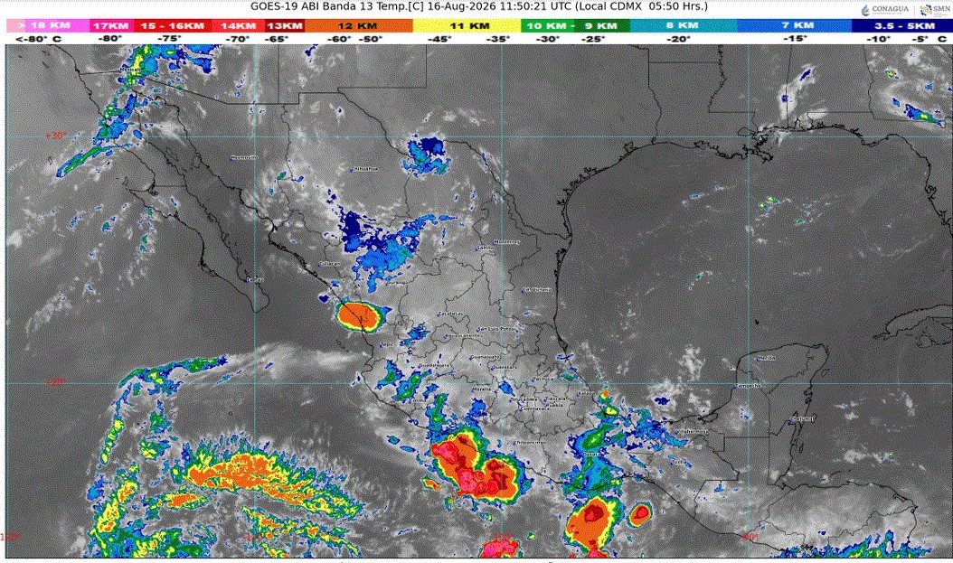 Cielo parcialmente nublado y ambiente templado. Por la tarde ambiente caluroso; cielo medio nublado a nublado con intervalos de chubascos en Yucatán, Campeche y Quintana Roo, acompañados con descargas eléctricas. Viento del este y noreste de 20 a 30 km/h.