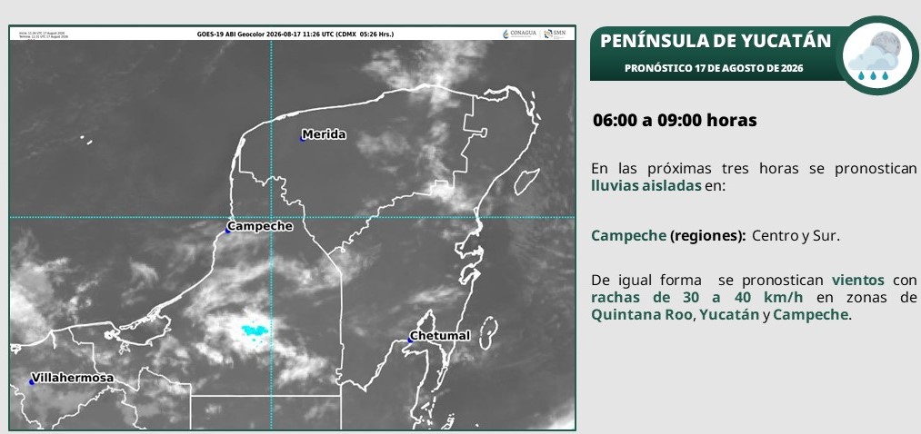 Por la tarde ambiente caluroso; cielo medio nublado a nublado con lluvias fuertes en Campeche (norte), Yucatán (norte y centro) y Quintana Roo (centro y sur).