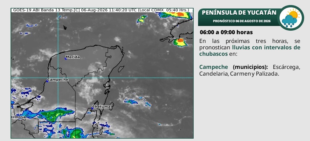 Lluvias puntuales muy fuertes en Yucatán (este y centro); y puntuales fuertes en Campeche (norte) y Quintana Roo (norte).
