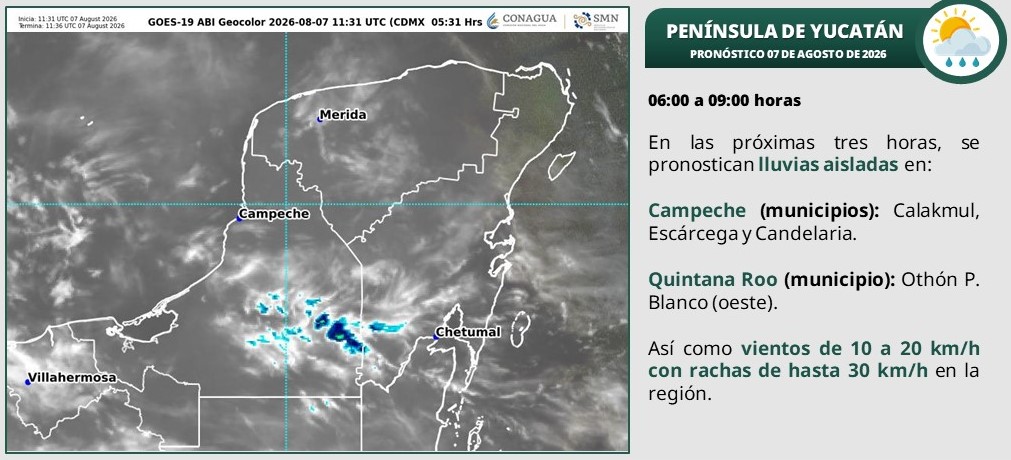 Por la mañana, ambiente cálido. Durante la tarde, ambiente caluroso a muy caluroso; cielo medio nublado a nublado con lluvias puntuales fuertes y descargas eléctricas en Campeche (norte), Yucatán (norte y este) y Quintana Roo (norte)