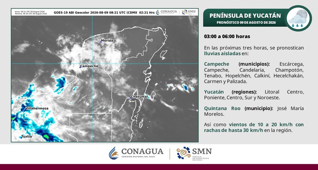 Por la mañana, cielo despejado a medio nublado y ambiente cálido. Durante la tarde, ambiente caluroso, cielo medio nublado a nublado, lluvias puntuales fuertes acompañadas con descargas eléctricas en Campeche (centro y norte), Yucatán (noreste) y Quintana Roo (norte).