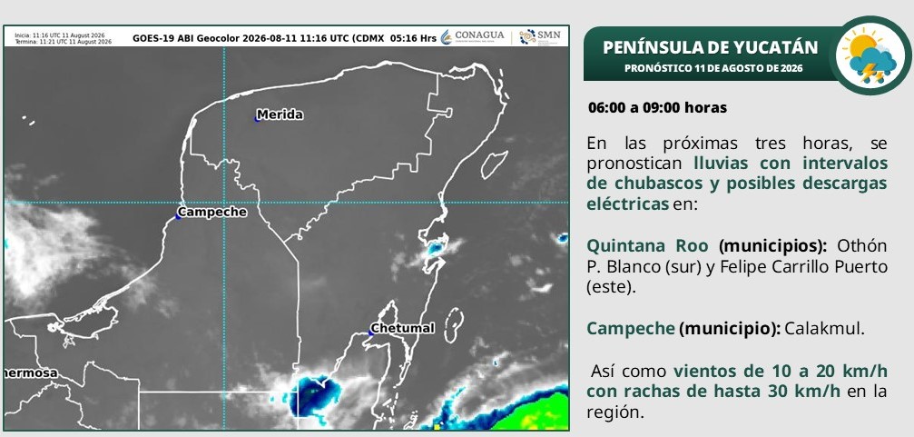 Cielo medio nublado a nublado con lluvias e intervalos de chubascos que podrían acompañarse con descargas eléctricas en Campeche, Yucatán y Quintana Roo.