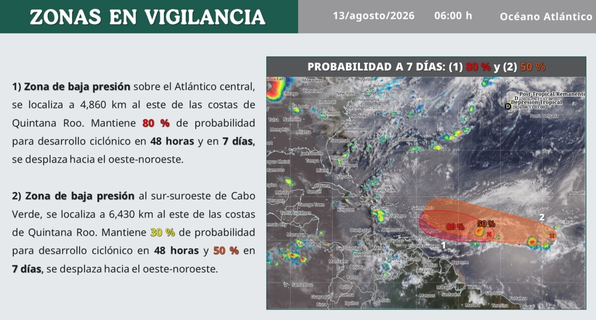 Por la mañana, cielo parcialmente nublado y ambiente templado. Por la tarde ambiente cálido a caluroso; cielo medio nublado a nublado con intervalos de chubascos y descargas eléctricas en Campeche, Yucatán y Quintana Roo.