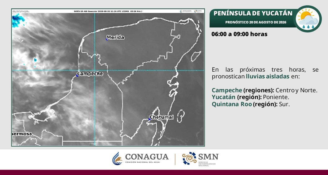 En el transcurso de la mañana, cielo parcialmente nublado y ambiente cálido. Por la tarde ambiente caluroso; cielo nublado con chubascos en Yucatán y lluvias aisladas en zonas de Campeche y Quintana Roo.