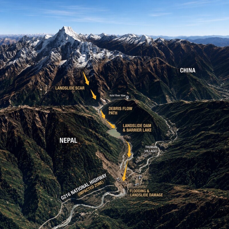 Esta imagen ayuda a explicar lo que ocurrió en la frontera entre Nepal y el Tíbet. Según informes, un terremoto de magnitud 4.4 en el lado tibetano desencadenó una avalancha de hielo masiva, que luego provocó la inundación repentina del río Bhotekoshi en Nepal. Alrededor de 1.000 personas están desaparecidas y muchas han muerto.