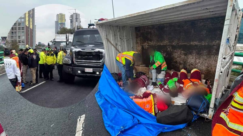 Volcadura en el Segundo Piso del Periférico deja 12 trabajadores lesionados