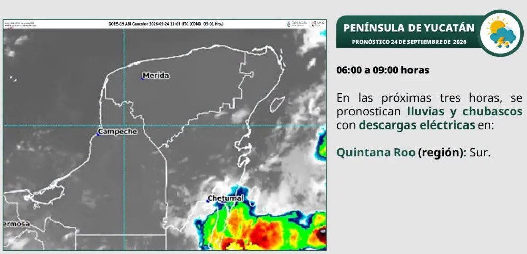 Cielo medio nublado a nublado en el transcurso del día, con lluvias muy fuertes en Campeche (este, sur y suroeste) y Quintana Roo (centro y sur) y lluvias fuertes en Yucatán (centro, sur y oeste).