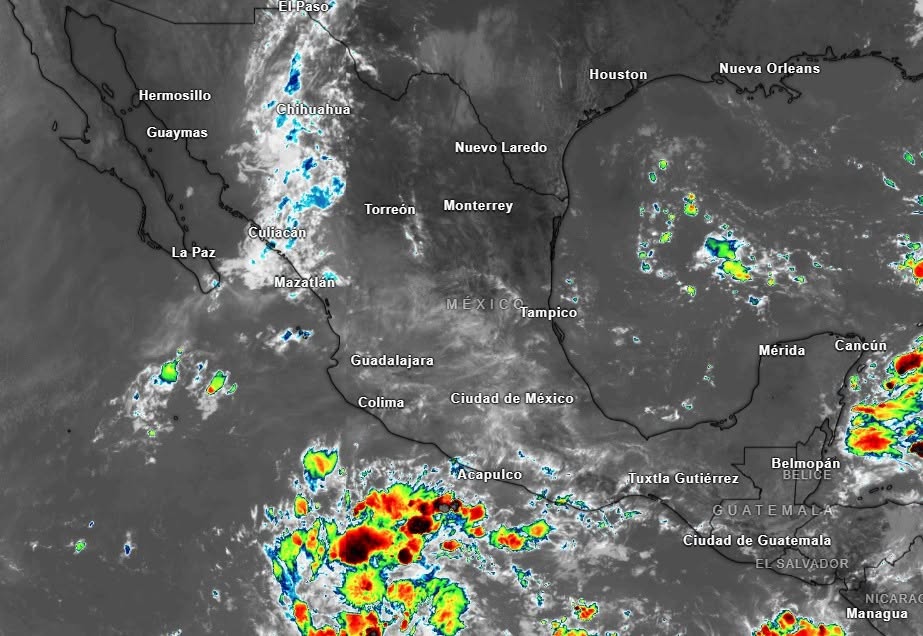 Cielo medio nublado a nublado en el transcurso del día con lluvias puntuales intensas en Campeche (norte y centro) y Yucatán (centro y oeste), así como lluvias muy fuertes en Quintana Roo (norte y centro); todas las lluvias con descargas eléctricas,