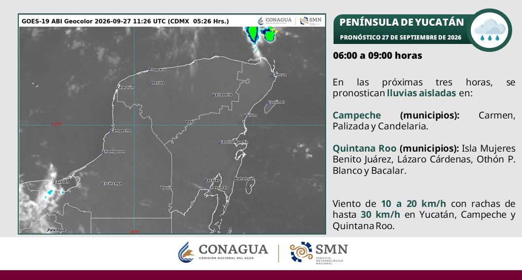 En el transcurso del día, cielo medio nublado a nublado. Por la mañana ambiente cálido. Posibilidad de lluvias aisladas matutinas en el norte de Quintana Roo. Durante la tarde, ambiente cálido a caluroso. Lluvias puntuales fuertes en Campeche (suroeste), Yucatán (este) y Quintana Roo (norte).