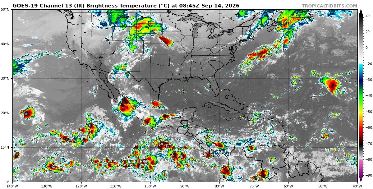 Cielo medio nublado a nublado en el transcurso del día, con lluvias e intervalos de chubascos en Campeche y Yucatán, así como lluvias aisladas en Quintana Roo; todas con descargas eléctricas. Por la mañana, ambiente templado a cálido.