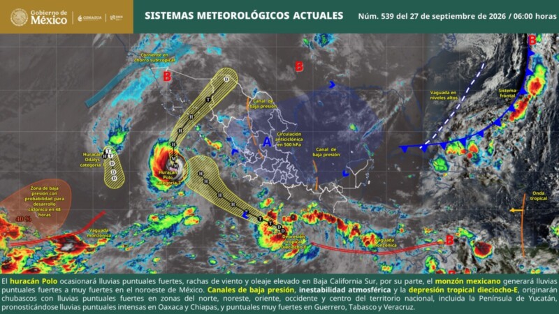 Valle de México: En el trascurso del día, cielo medio nublado a nublado. Por la mañana, ambiente fresco en la mayor parte de la región, y frío en zonas altas del Estado de México. Durante la tarde, cálido en la mayor parte de la región, y caluroso en el suroeste del Estado de México, siendo templado en zonas montañosas del Estado de México; probabilidad de lluvias y chubascos en la Ciudad de México y en el Estado de México, acompañados con descargas eléctricas. La temperatura mínima en la Ciudad de México será de 12 a 14 °C y la máxima de 26 a 28 °C. Para Toluca, Edo. Méx., se prevé una temperatura mínima de 9 a 11 °C y una máxima de 22 a 24 °C. Pacífico Sur: En el transcurso del día, cielo medio nublado a nublado. Por la mañana, ambiente fresco a templado en la mayor parte de la región, y cálido en el noroeste de Guerrero, noreste de Oaxaca, istmo de Tehuantepec y costas de la región. Posibilidad de lluvias aisladas matutinas. Durante la tarde, ambiente cálido en la mayor parte de la región, y caluroso en zonas de Jalisco, Colima y Michoacán. Lluvias puntuales intensas en Chiapas (centro, sur y oeste) y Oaxaca (este, sur y sureste); y puntuales muy fuertes en Guerrero (sur y sureste), mismas que podrían originar el incremento en los niveles de ríos y arroyos, deslaves, inundaciones, encharcamientos y visibilidad reducida. Todas las lluvias con descargas eléctricas y posible caída de granizo. Golfo de México: En el transcurso del día, cielo medio nublado a nublado. Por la mañana, ambiente cálido en la mayor parte de la región, y templado a fresco con bancos de niebla en zonas serranas, siendo frío en la zona montañosa de Veracruz. Posibilidad de lluvias aisladas y chubascos matutinos. Durante la tarde, ambiente cálido en la mayor parte de la región, y caluroso en zonas de Veracruz y Tabasco, siendo muy caluroso en zonas de Tamaulipas y templado en zonas altas de Veracruz. Lluvias puntuales muy fuertes en Veracruz (centro y sur) y Tabasco (oeste y sur), las cuales podrían incrementar los niveles de ríos y arroyos, generar deslaves, inundaciones, encharcamientos y visibilidad reducida; además, se prevén chubascos en Tamaulipas. 