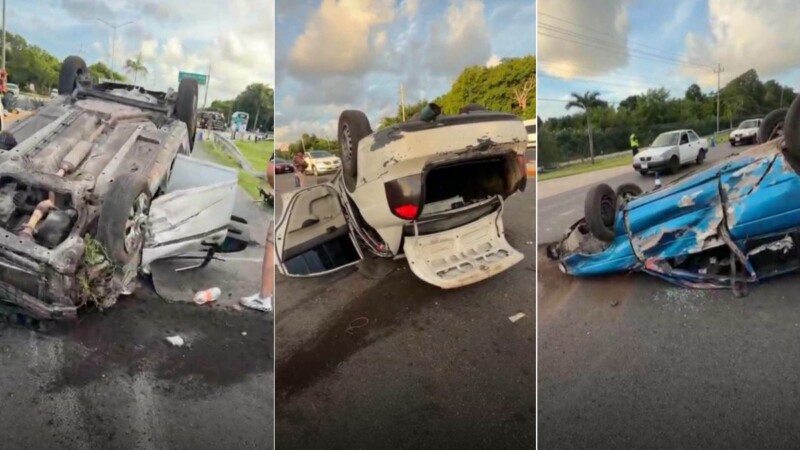 Playa del Carmen: Dos vehículos vuelcan tras choque en la carretera federal 307, cerca del Grand Palladium