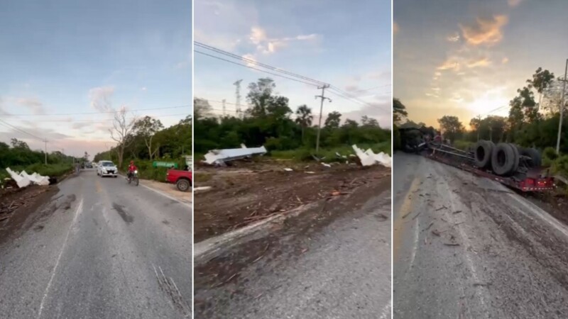 Tráiler vuelca y bloquea por completo la carretera Cancún-Leona Vicario