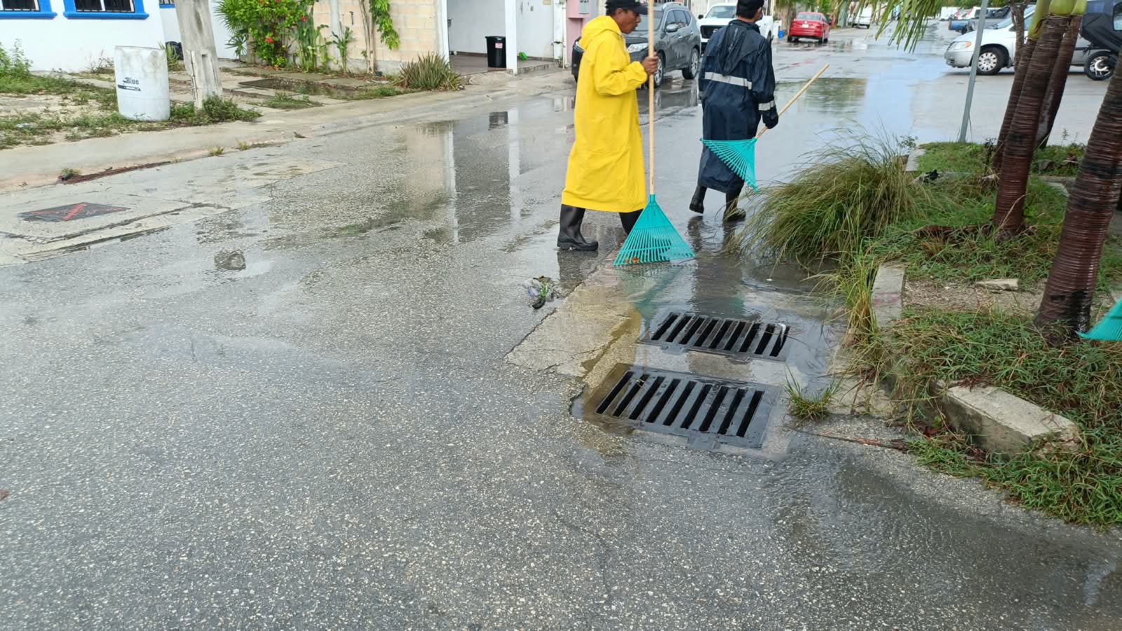 Atienden brigadas de Servicios Públicos encharcamientos ante lluvias en Puerto Morelos. La instrucción de la presidenta Blanca Merari es mantener presencia permanente en las calles para reducir afectaciones a las familias y garantizar una movilidad segura.