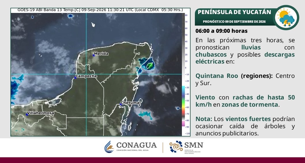 Por la mañana, cielo medio nublado y ambiente cálido. Posibilidad de lluvias aisladas y chubascos matutinos en Yucatán y Quintana Roo. Durante la tarde, ambiente caluroso; cielo nublado con lluvias puntuales muy fuertes en Campeche (suroeste, centro y norte); y puntuales fuertes en Yucatán (oeste) y Quintana Roo (sur);