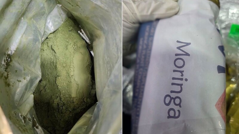 Aseguran en el AICM ocho kilos de hojas de coca en polvo ocultos como suplemento de moringa