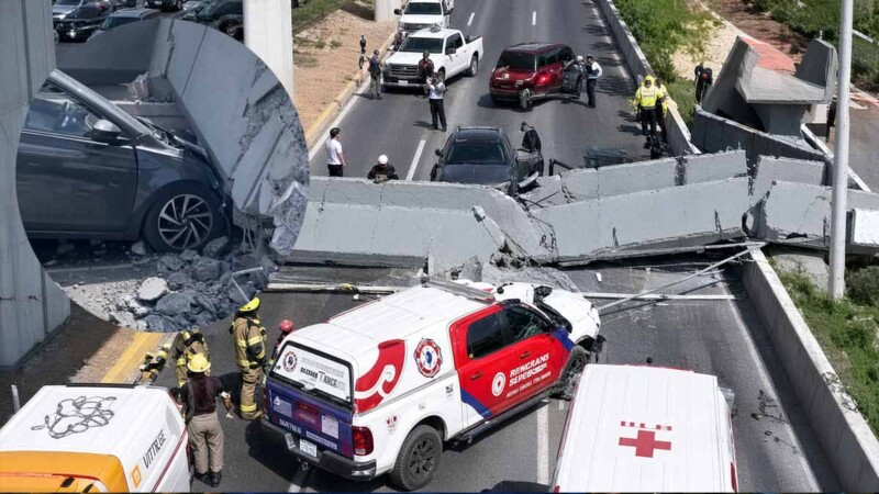 Puente peatonal aplasta a vehículo en Monterrey
