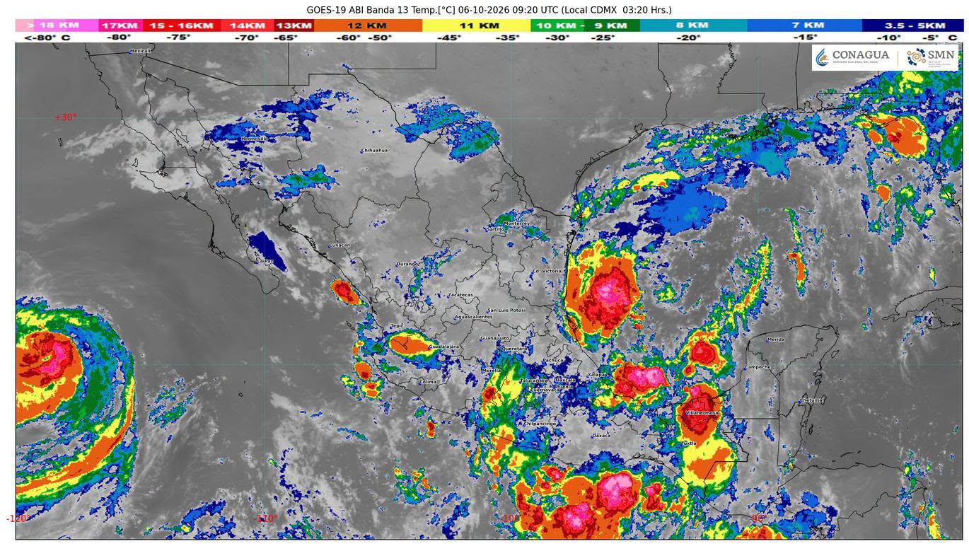 Cielo medio nublado a nublado en el transcurso del día, con lluvias puntuales muy fuertes en Campeche (suroeste) y fuertes en Yucatán (norte, centro y oeste) y Quintana Roo (oeste), mismas que podrían generar inundaciones, encharcamientos y visibilidad reducida.