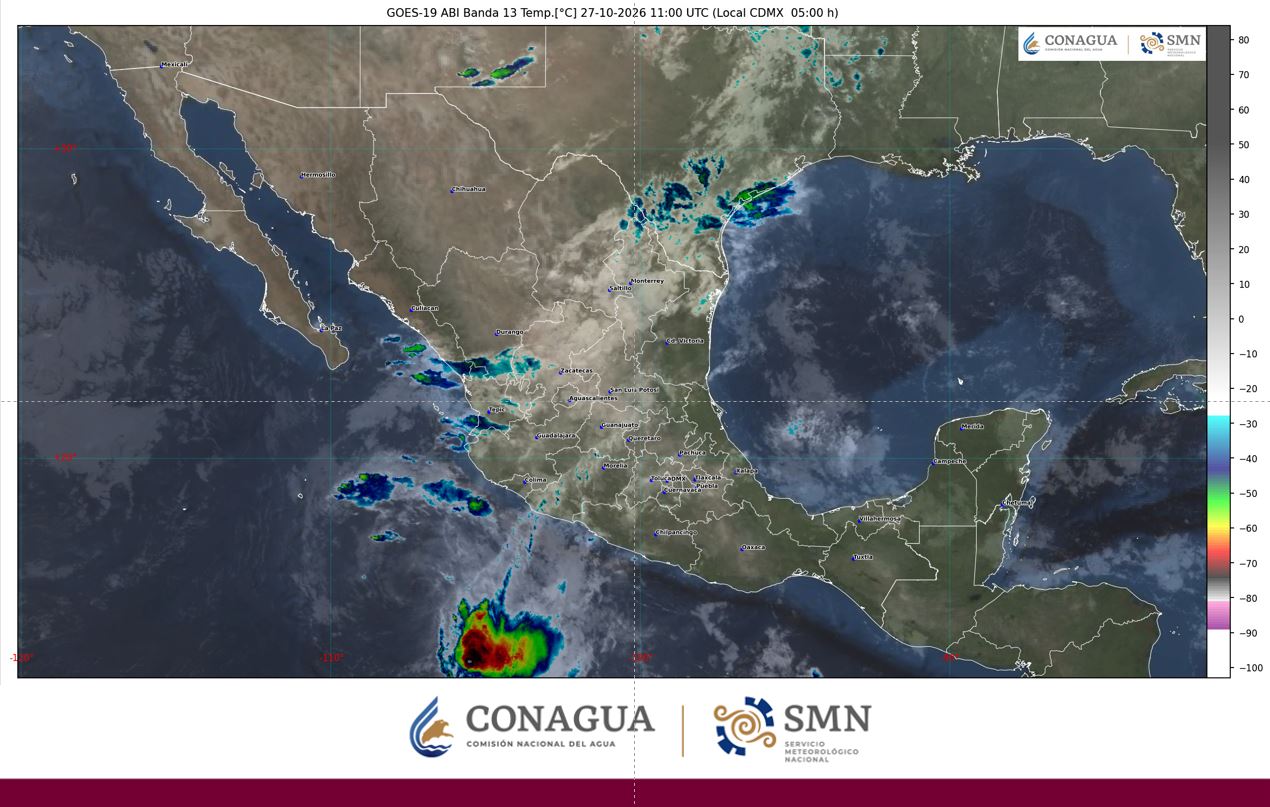 En el transcurso del día, cielo medio nublado a nublado. Por la mañana, ambiente templado. Durante la tarde, ambiente cálido con intervalos de chubascos y descargas eléctricas en Campeche, Yucatán y Quintana Roo.