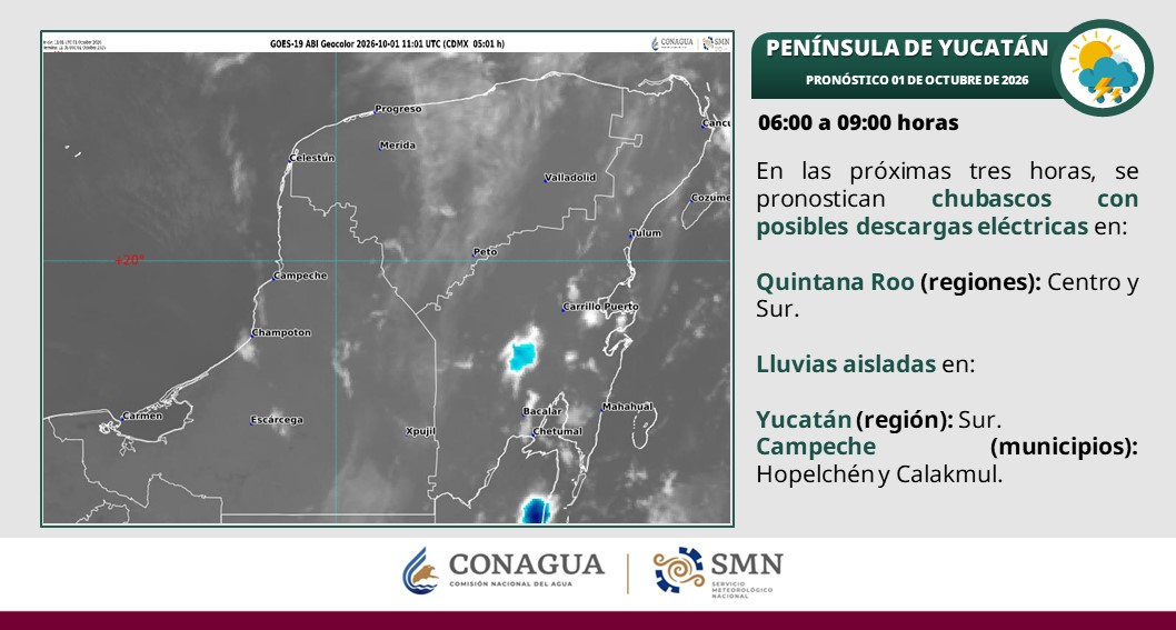 Por la mañana, se pronostica ambiente templado a cálido y cielo medio nublado en la región. Durante la tarde, el ambiente será caluroso, cielo medio nublado a nublado con lluvias muy fuertes en Campeche (centro y sur) y Quintana Roo (norte, centro y sur),