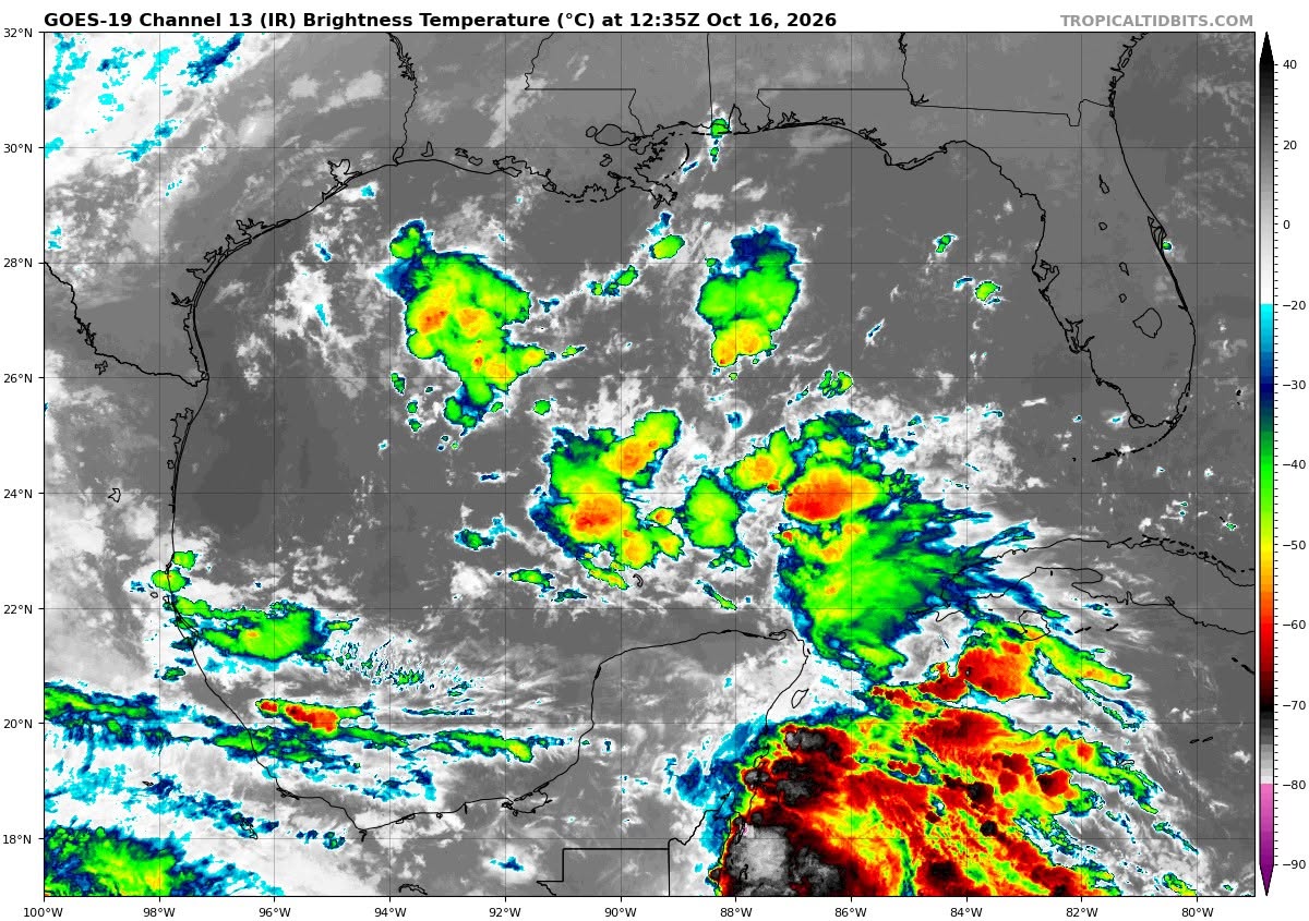 Cielo medio nublado a nublado en el transcurso del día, con lluvias puntuales muy fuertes en Campeche (norte, centro y sur) y Quintana Roo (norte, centro y sur), y lluvias fuertes en Yucatán (norte y oeste),
