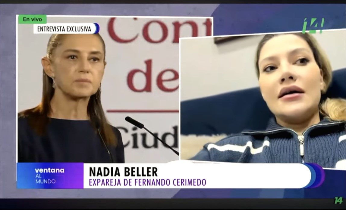 Noticiario Ventana al Mundo, transmitido por el Canal 14 en una entrevista exclusiva con Nadia Beller, expareja de Fernando Cerimedo, fundador de La Derecha Diario, prisionero y acusado de intento de feminicidio en contra de la abogada Beller. 