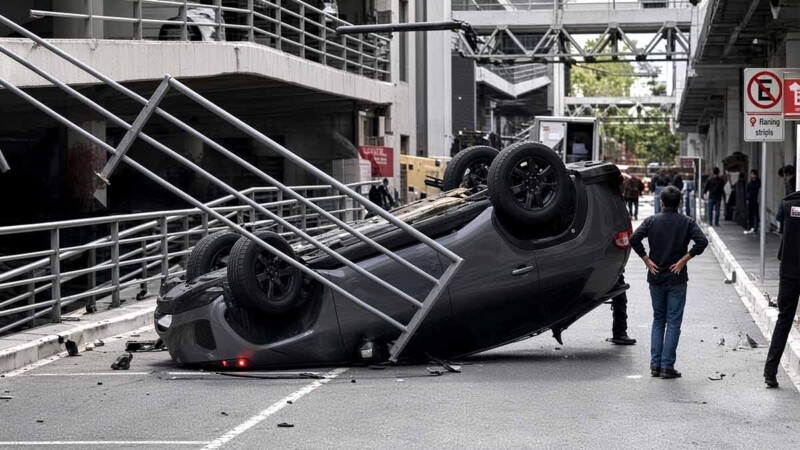 Mujer sobrevive a caída de automóvil desde segundo piso en plaza de CDMX