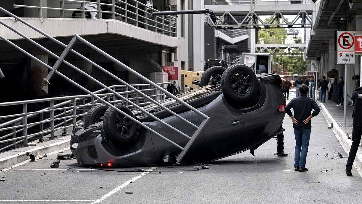 Mujer sobrevive a caída de automóvil desde segundo piso en plaza de CDMX